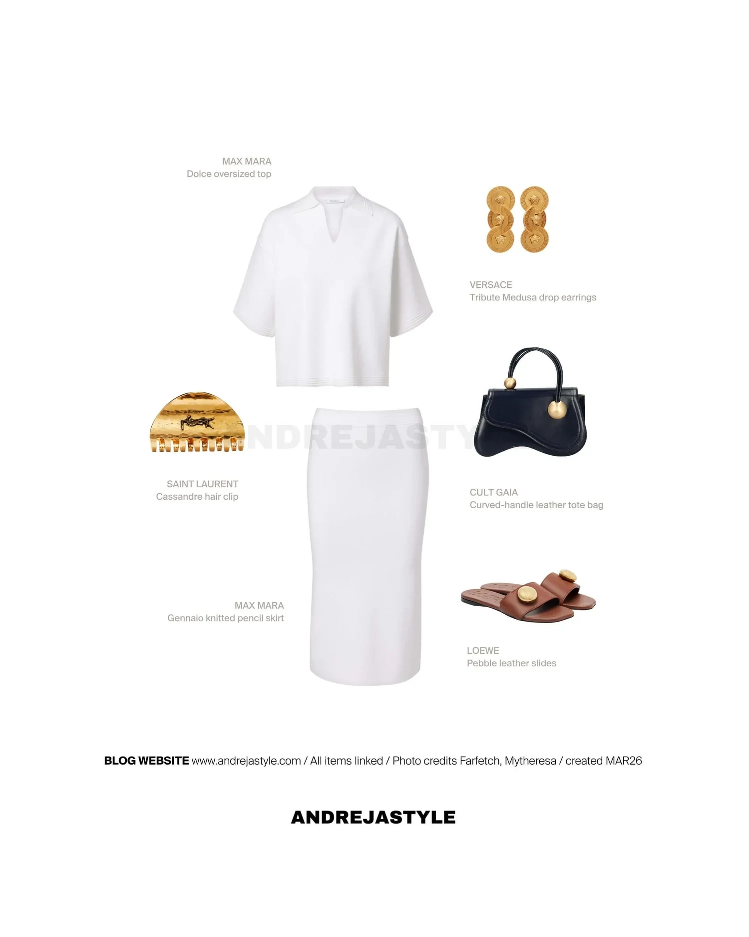 Stilski kolaž z izdelki: MAX MARA Dolce oversized top, MAX MARA Gennaio knitted pencil skirt, SAINT LAURENT Cassandre hair clip, VERSACE Tribute Medusa drop earrings, CULT GAIA Curved-handle leather tote bag, LOEWE Pebble leather slides