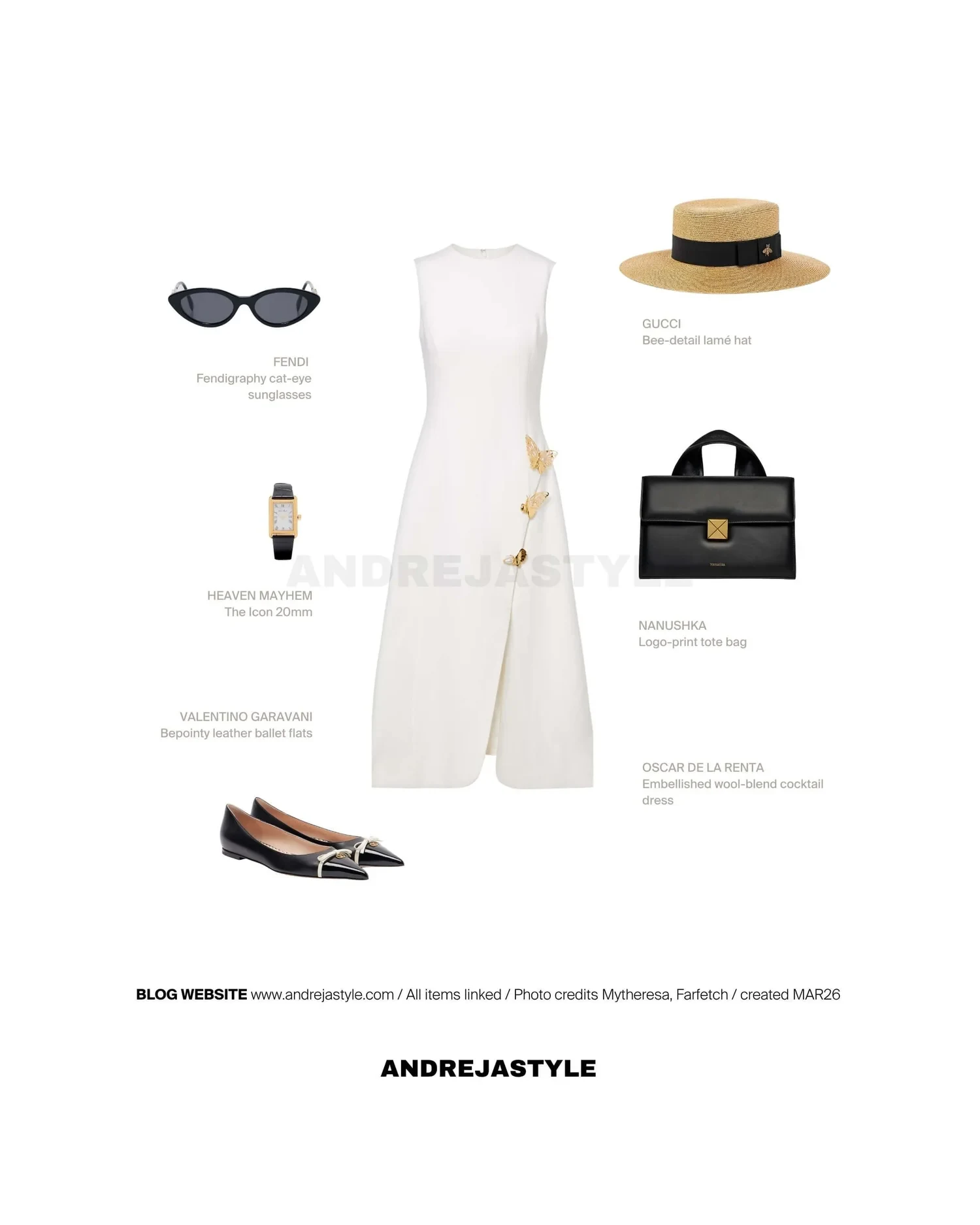 Stilski kolaž z izdelki: OSCAR DE LA RENTA Embellished cocktail dress, VALENTINO GARAVANI Bepointy leather ballet flats, NANUSHKA Logo-print tote bag, FENDI Fendigraphy cat-eye sunglasses, HEAVEN MAYHEM The Icon 20mm