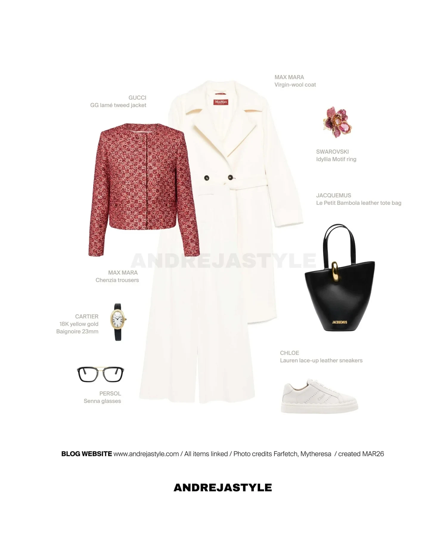 Stilski kolaž z izdelki: GUCCI GG lamé tweed jacket, MAX MARA Virgin-wool coat, MAX MARA Chenzia trousers, JACQUEMUS Le Petit Bambola leather tote bag, SWAROVSKI Idyllia Motif ring, CHLOE Lauren lace-up leather sneakers, CARTIER 18K yellow gold Baignoire 23mm, PERSOL Senna glasses