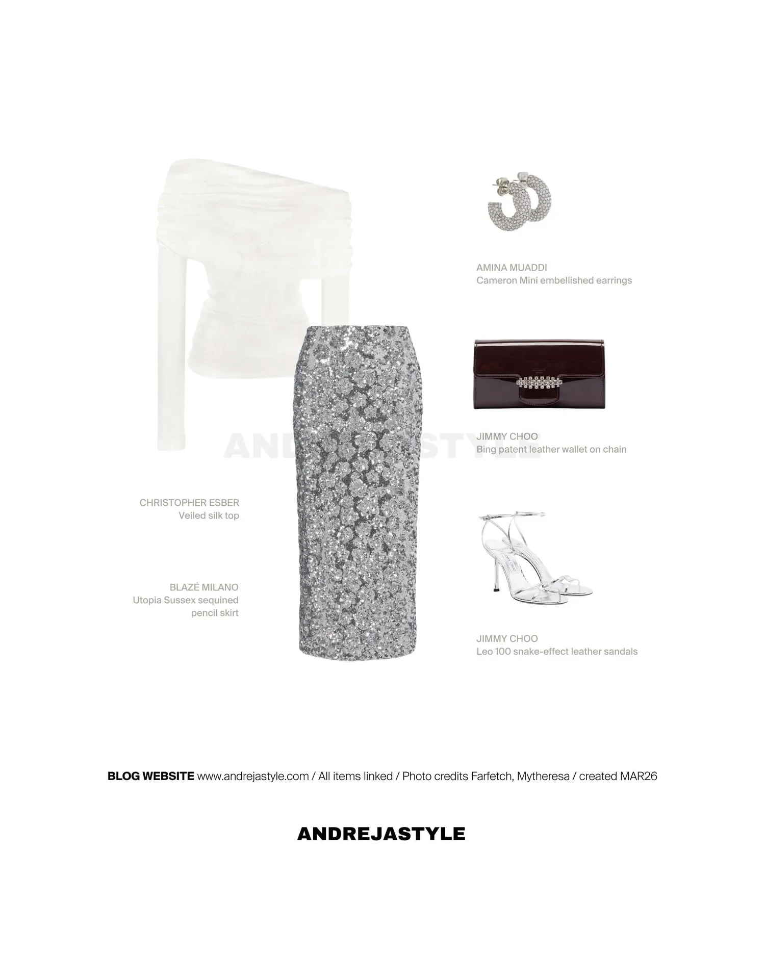 Stilski kolaž z izdelki: CHRISTOPHER ESBER Veiled silk top, BLAZÉ MILANO Utopia Sussex pencil skirt, AMINA MUADDI Cameron Mini embellished earrings, JIMMY CHOO Bing patent leather wallet on chain, JIMMY CHOO Leo 100 snake-effect leather sandals
