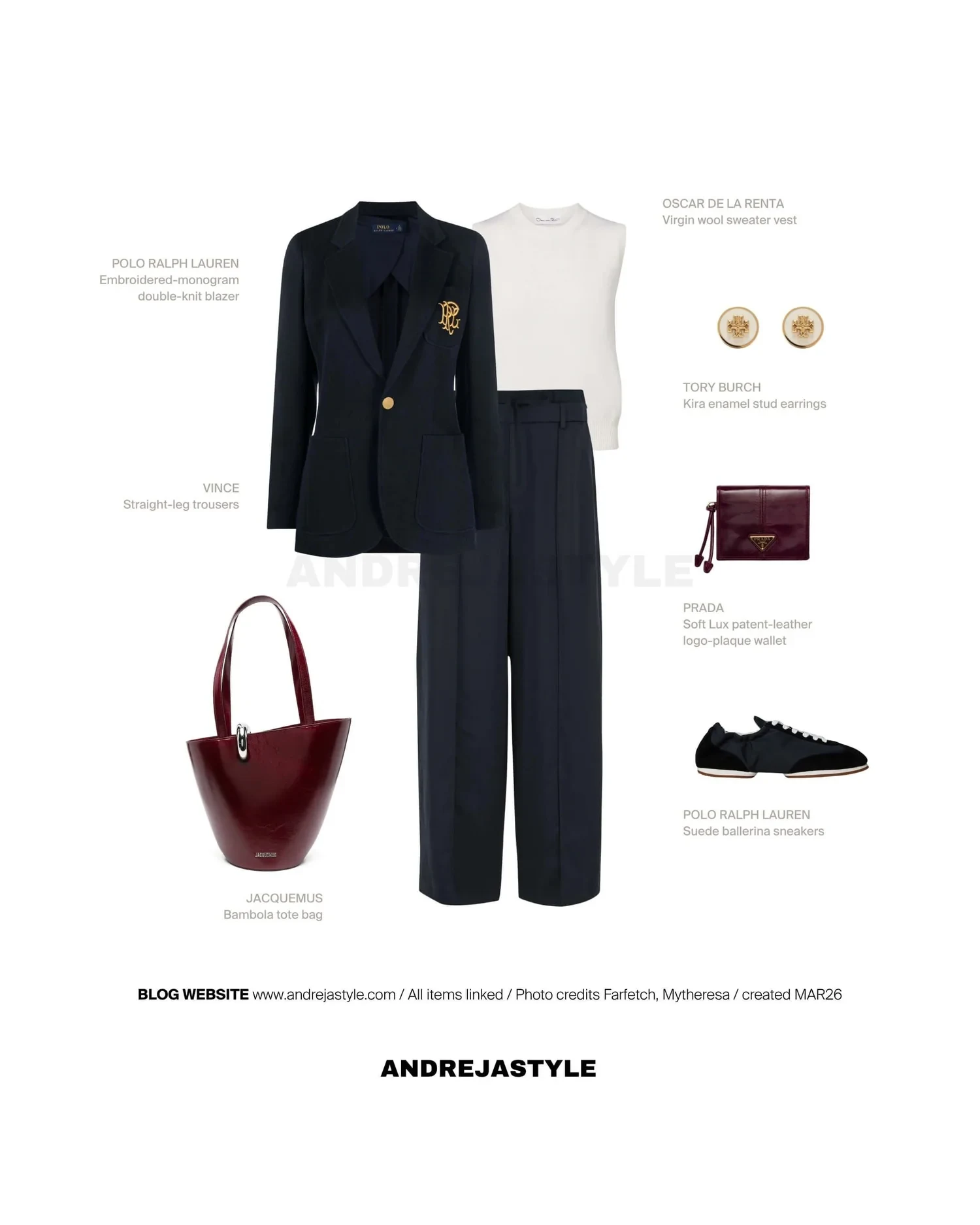 Stilski kolaž z izdelki: POLO RALPH LAUREN Embroidered-monogram blazer, VINCE Straight-leg trousers, JACQUEMUS Bambola tote bag, TORY BURCH Kira enamel stud earrings, PRADA Soft Lux patent-leather wallet