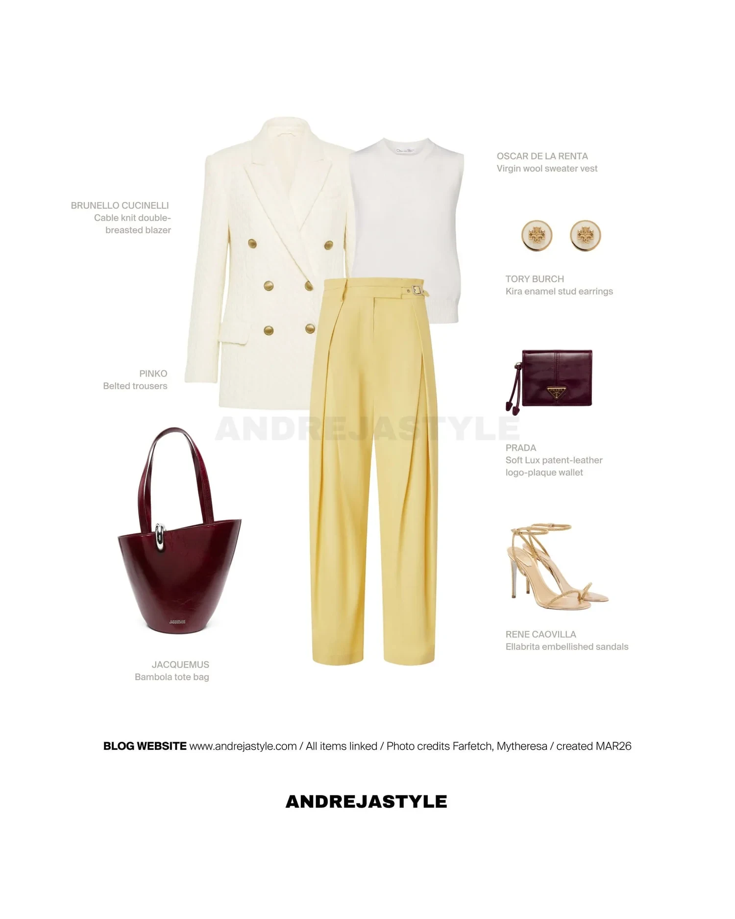 Stilski kolaž z izdelki: BRUNELLO CUCINELLI Cable knit blazer, OSCAR DE LA RENTA Virgin wool sweater vest, JACQUEMUS Bambola tote bag, TORY BURCH Kira enamel stud earrings, PRADA Soft Lux patent-leather wallet, RENE CAOVILLA Ellabrita embellished sandals