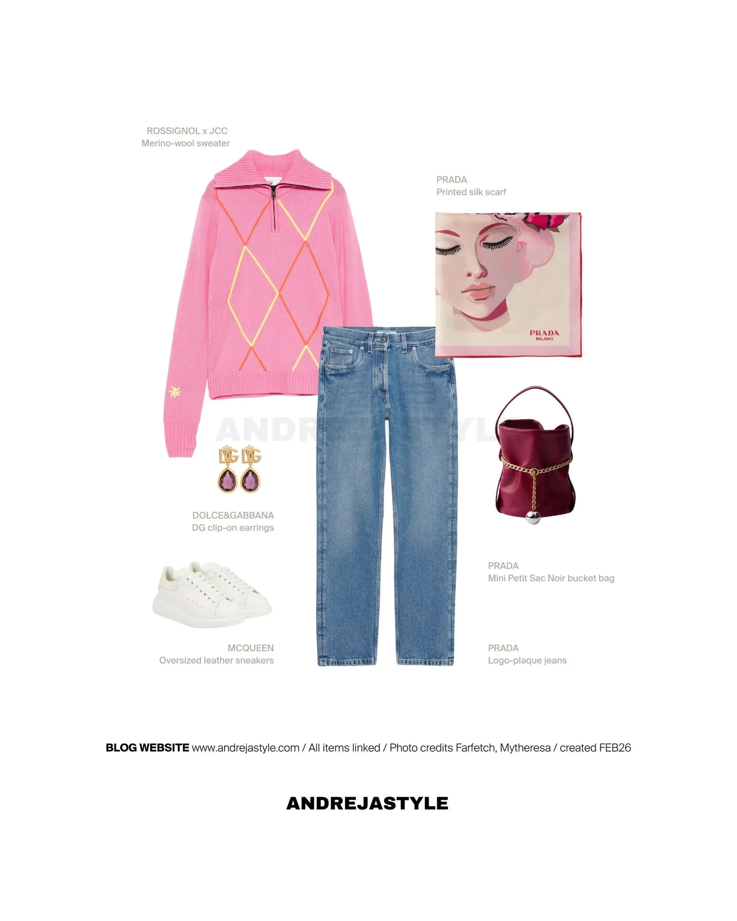 Stilski kolaž z izdelki: ROSSIGNOL x JCC Merino-wool sweater, PRADA Logo-plaque jeans, PRADA Printed silk scarf, PRADA Mini Petit Sac Noir bucket bag, DOLCE&GABBANA DG clip-on earrings, MCQUEEN Oversized leather sneakers