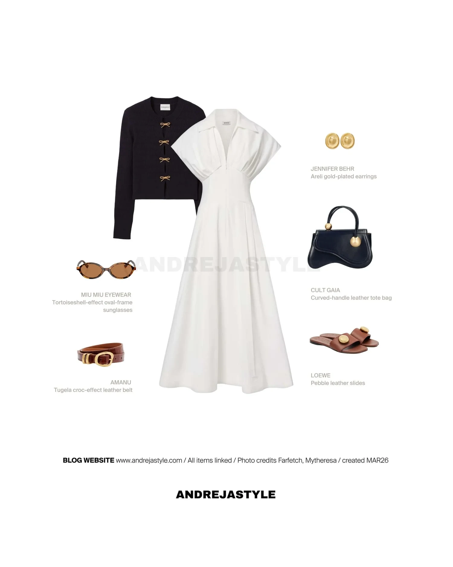 Stilski kolaž z izdelki: CLAUDIE PIERLOT Fine-knit sweater, SIMKHAI Cotton-blend poplin midi dress, MIU MIU EYEWEAR Tortoiseshell-effect sunglasses, AMANU Tugela leather belt, JENNIFER BEHR Areli gold-plated earrings, CULT GAIA Curved-handle leather tote bag, LOEWE Pebble leather slides