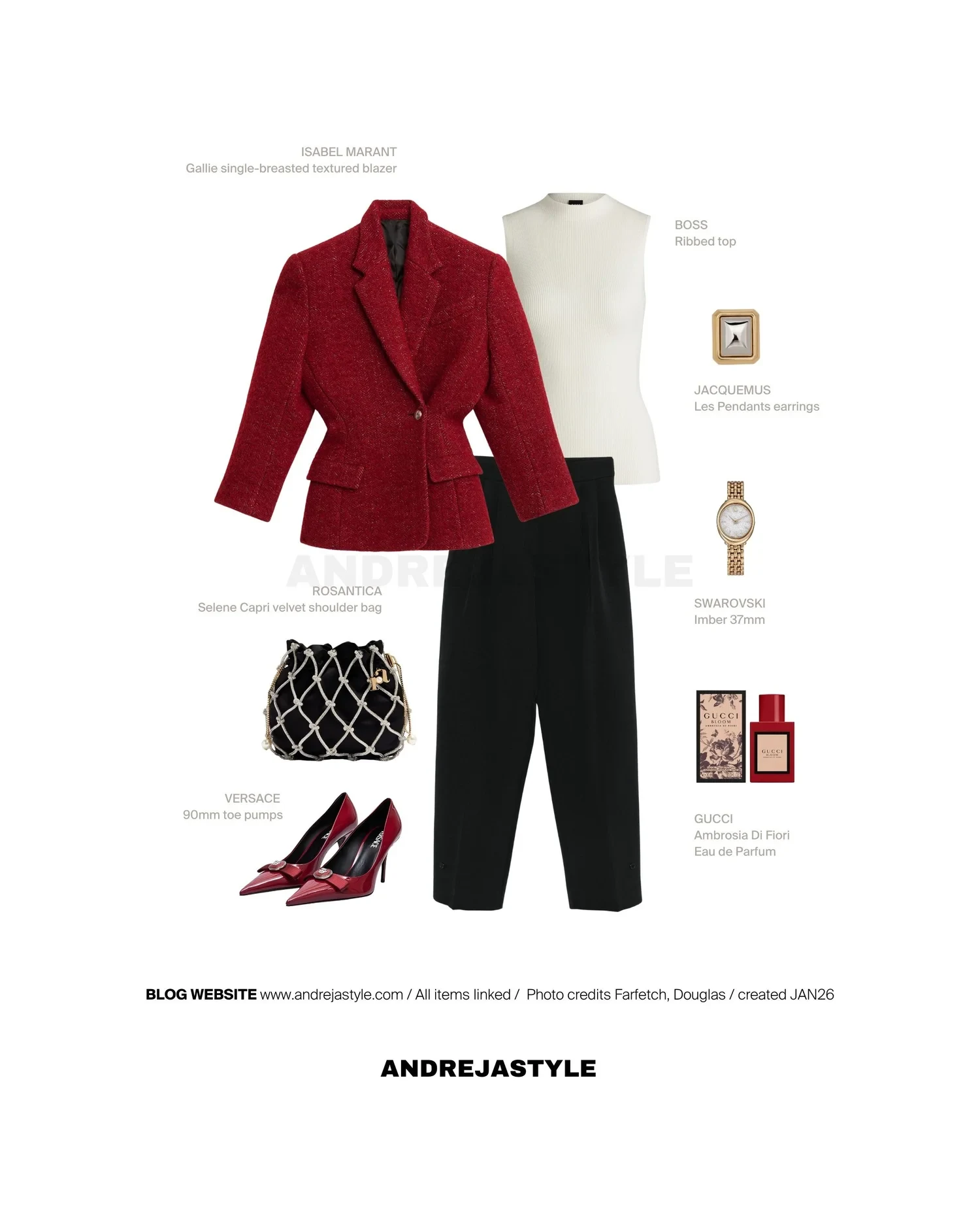 Stilski kolaž z izdelki: ISABEL MARANT Gallie textured blazer, BOSS ribbed top, VERSACE 90mm bow-embellished pumps, ROSANTICA Selene Capri velvet shoulder bag, JACQUEMUS Les Pendants earrings, SWAROVSKI Imber 37mm, GUCCI Ambrosia Di Fiori Eau de Parfum