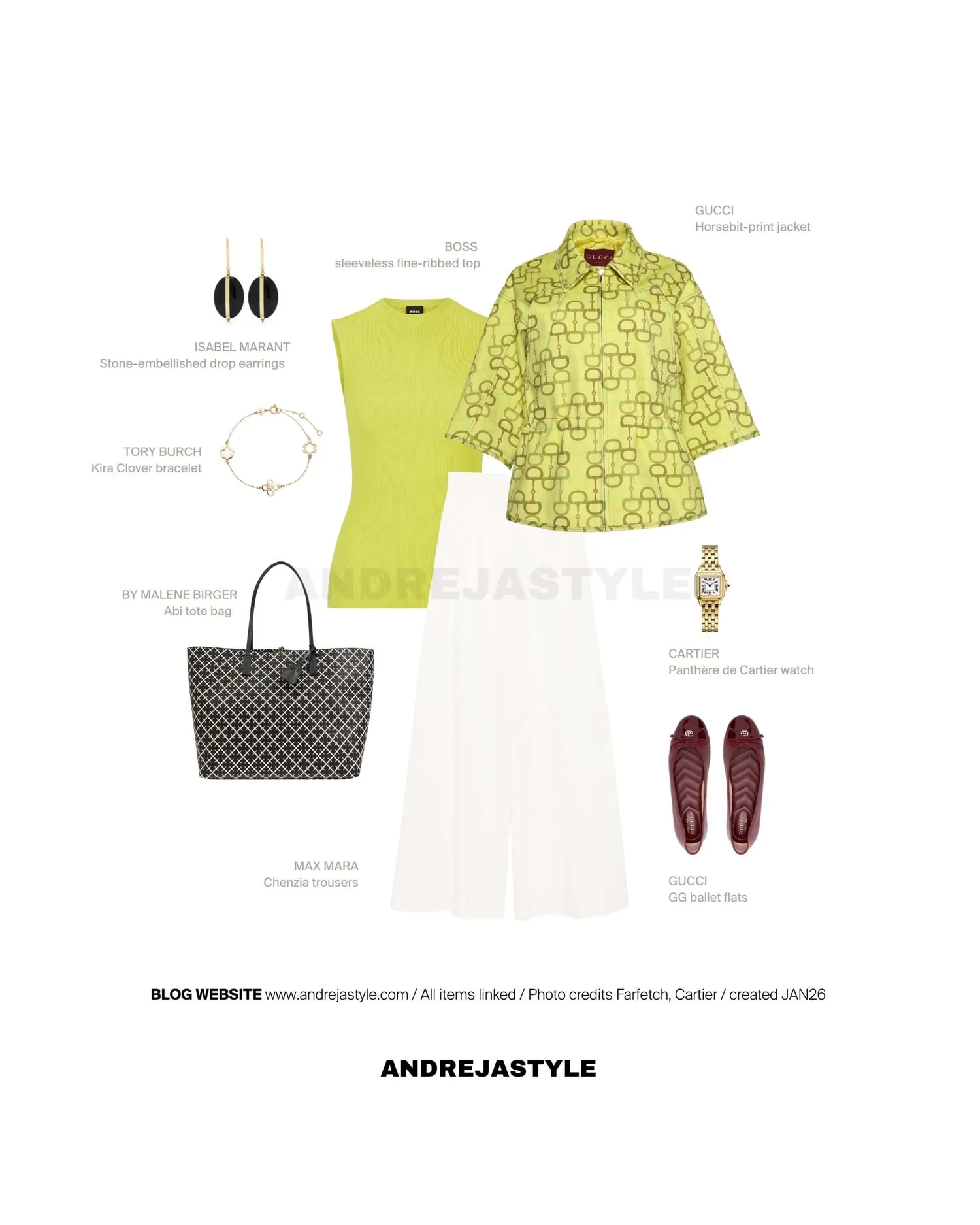 Stilski kolaž z izdelki: GUCCI Horsebit-print jacket, BOSS Sleeveless fine-ribbed top, MAX MARA Chenzia trousers, GUCCI GG ballet flats, BY MALENE BIRGER Abi tote bag, TONY BURCH Kira Clover bracelet, ISABEL MARANT Stone-embellished drop earrings