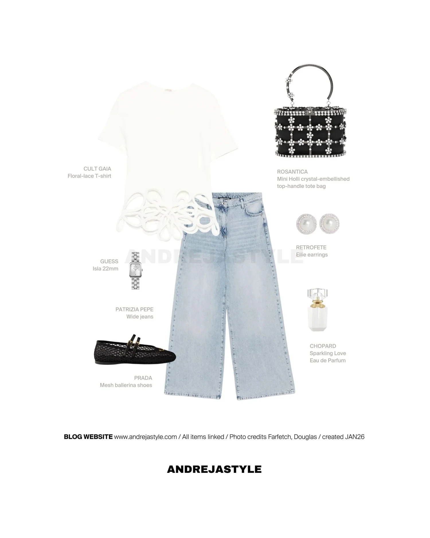 Stilski kolaž z izdelki: CULT GAIA Floral-lace T-shirt, PATRIZIA PEPE Wide jeans, PRADA Mesh ballerina shoes, ROSANTICA Mini Holli crystal-embellished tote bag, RETROFETE Ellie earrings, GUESS USA Isla 22mm, CHOPARD Sparkling Love Eau de Parfum