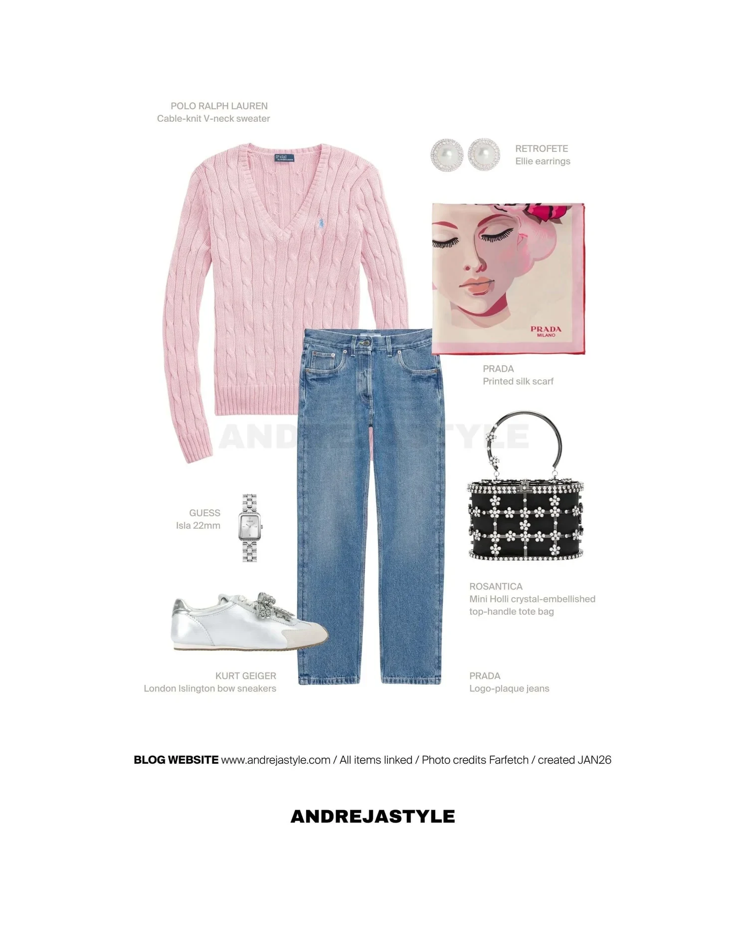 Stilski kolaž z izdelki: POLO RALPH LAUREN Cable-knit V-neck sweater, PRADA Logo-plaque jeans, PRADA Printed silk scarf, KURT GEIGER London Islington sneakers, ROSANTICA Mini Holli crystal-embellished tote bag, RETROFETE Ellie earrings, GUESS Isla 22mm