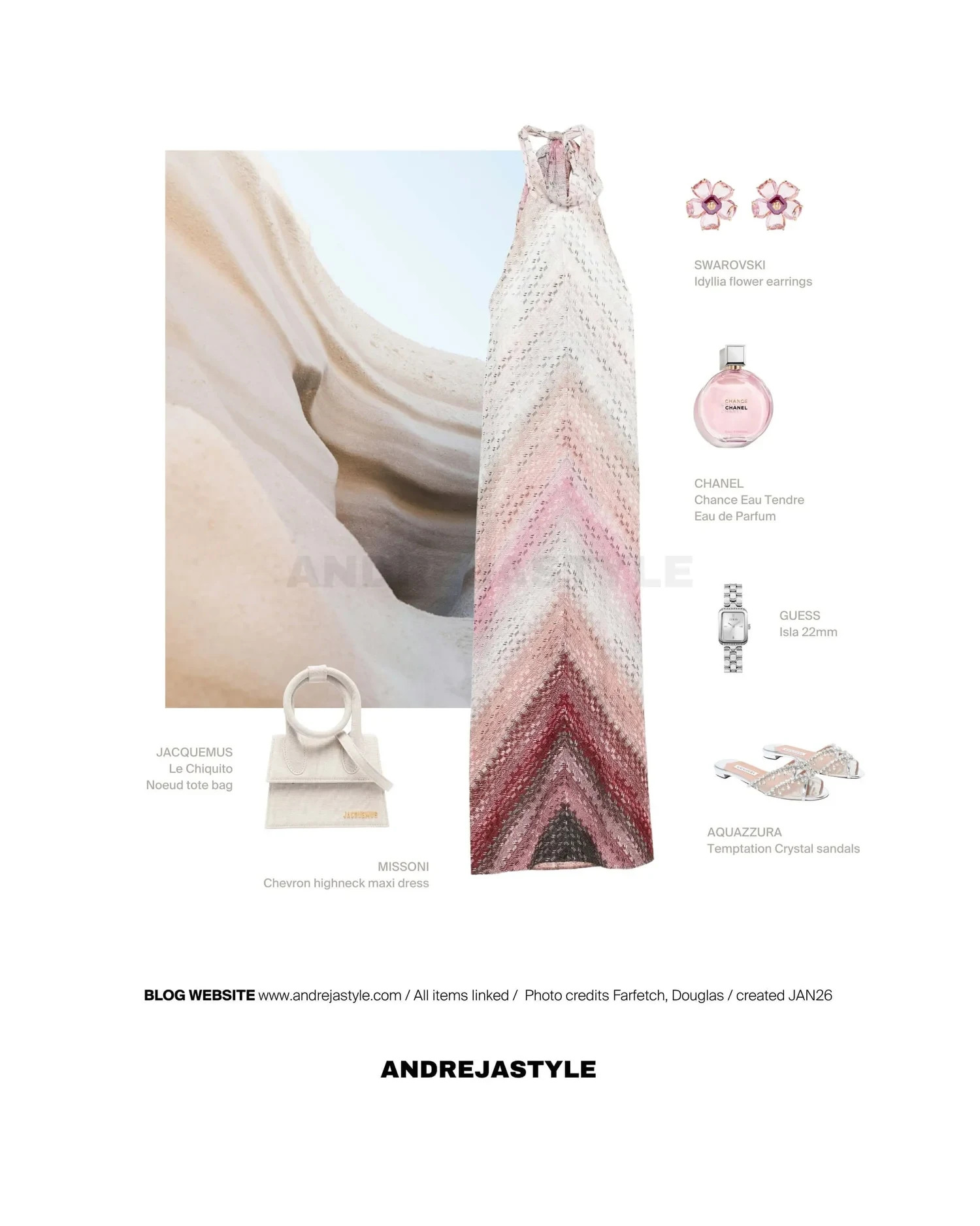 Stilski kolaž z izdelki: MISSONI Chevron highneck maxi dress, JACQUEMUS Le Chiquito Noeud tote bag, SWAROVSKI Idyllia flower earrings, AQUAZZURA Temptation Crystal sandals, GUESS Isla 22mm, CHANEL Chance Eau Tendre Eau de Parfum