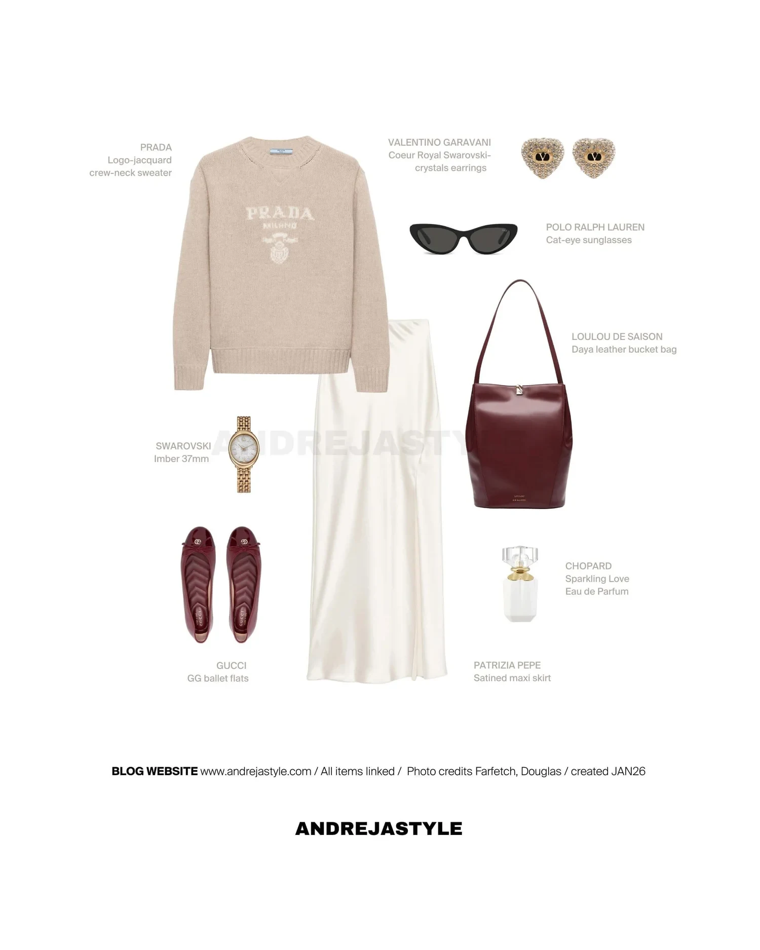 Stilski kolaž z izdelki: PRADA Logo-jacquard crew-neck sweater, PATRIZIA PEPE Satined maxi skirt, GUCCI GG ballet flats, LOULOU DE SAISON Daya leather bucket bag, VALENTINO GARAVANI Coeur Royal earrings, SWAROVSKI Imber 37mm, POLO RALPH LAUREN Cat-eye sunglasses, CHOPARD Sparkling Love Eau de Parfum
