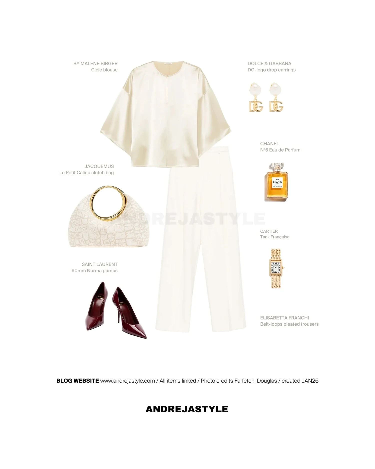 Stilski kolaž z izdelki: BY MALENE BIRGER Cicie blouse, ELISABETTA FRANCHI Belt-loops pleated trousers, JACQUEMUS Le Petit Calino clutch bag, SAINT LAURENT 90mm Norma pumps, DOLCE & GABBANA DG-logo drop earrings, CHANEL N°5 CHANEL Eau de Parfum