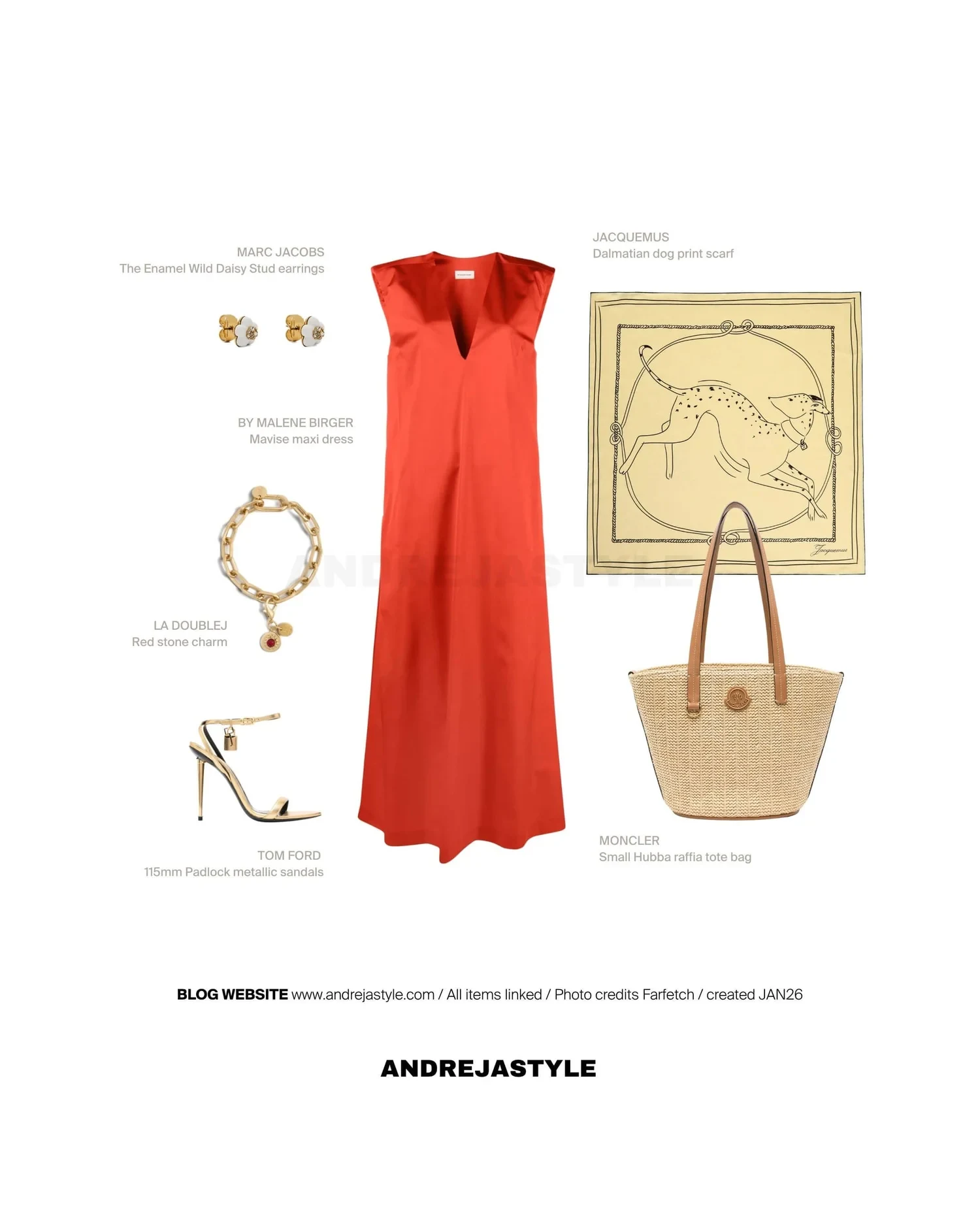 Stilski kolaž z izdelki: BY MALENE BIRGER Mavise maxi dress, MONCLER Small Hubba raffia tote bag, TOM FORD 115mm Padlock metallic sandals, La DoubleJ Red stone charm, MARC JACOBS The Enamel Wild Daisy Stud earrings
