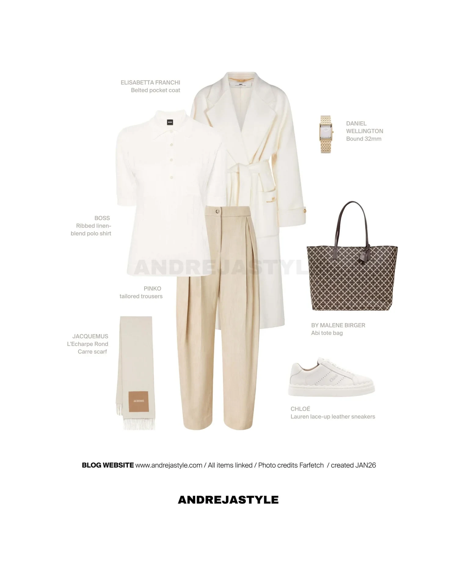 Stilski kolaž z izdelki: ELISABETTA FRANCHI Belted pocket coat, PINKO Tailored trousers, JACQUEMUS L'Echarpe Rond Carre scarf, CHLOÉ Lauren lace-up leather sneakers, SWAROVSKI Contella ring (set of two), DANIEL WELLINGTON Bound 32mm, BY MALENE BIRGER Abi tote bag