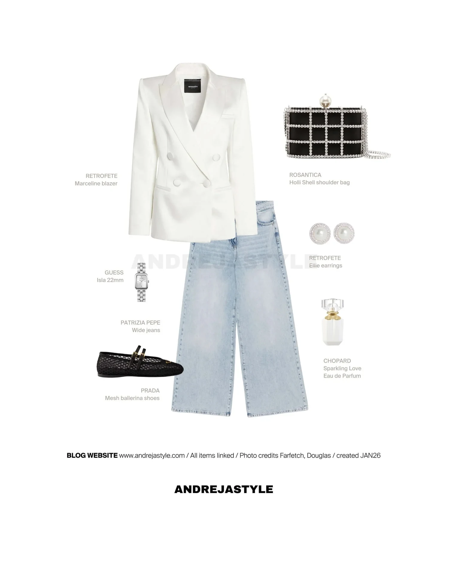 Stilski kolaž z izdelki: RETROFETE Marceline blazer, PATRIZIA PEPE Wide jeans, ROSANTICA Holli Shell shoulder bag, PRADA Mesh ballerina shoes, RETROFETE Ellie earrings, GUESS Isla 22mm, CHOPARD Sparkling Love Eau de Parfum