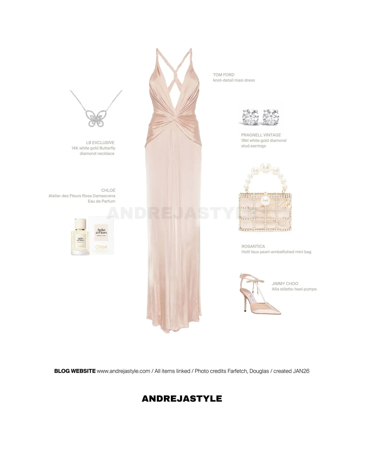 Stilski kolaž z izdelki: TOM FORD Knot-detail maxi dress, ROSANTICA Holli faux pearl-embellished mini bag, JIMMY CHOO Afia stiletto-heel pumps, LB EXCLUSIVE 14K Butterfly diamond necklace, PRAGNELL Vintage 18kt white gold diamond earrings, CHLOÉ Atelier des Fleurs Rosa Eau de Parfum