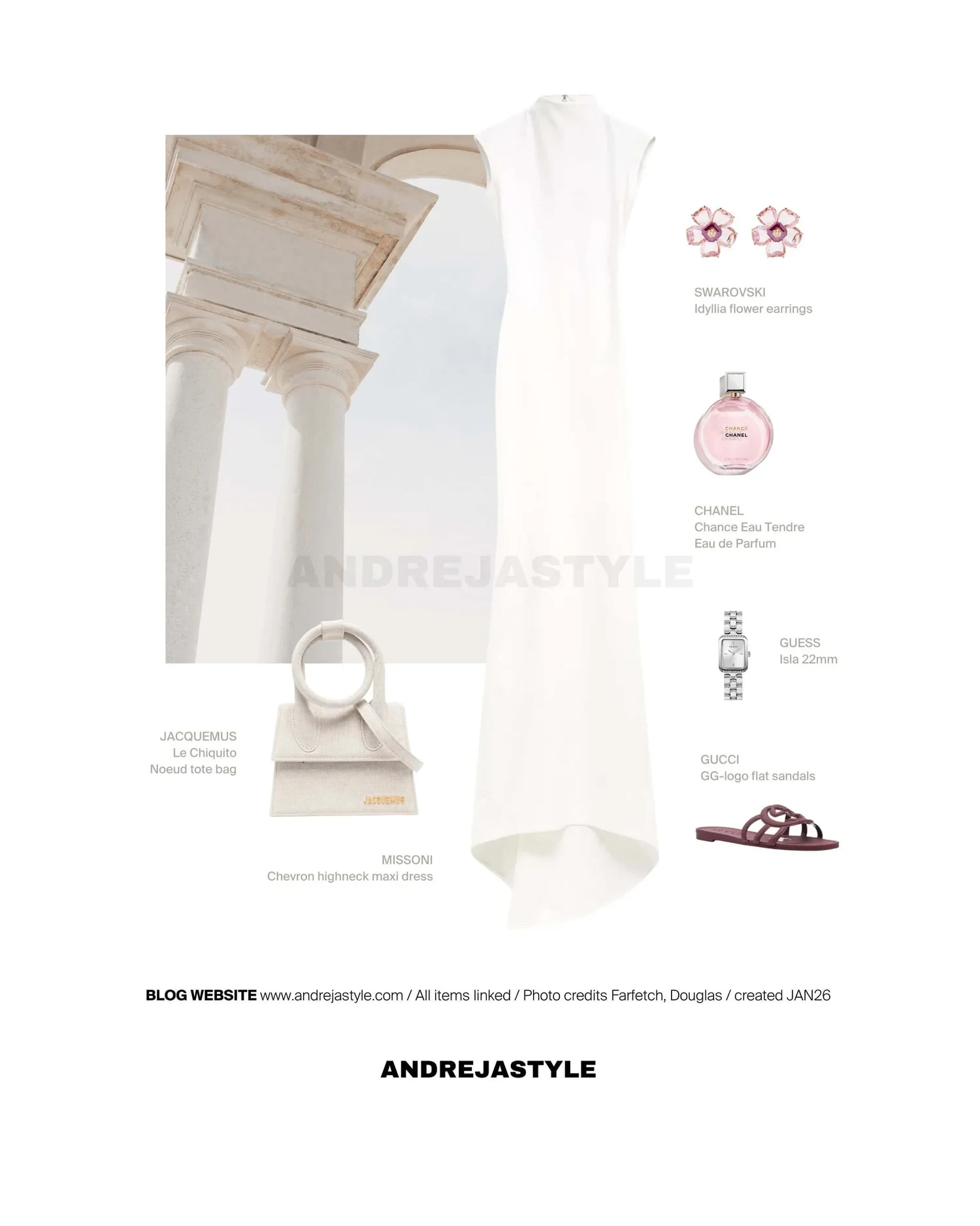 Stilski kolaž z izdelki: JACQUEMUS High-neck draped dress, JACQUEMUS Le Chiquito Noeud tote bag, SWAROVSKI Idyllia flower earrings, GUCCI GG-logo flat sandals, GUESS Isla 22mm, CHANEL Chance Eau Tendre Eau de Parfum