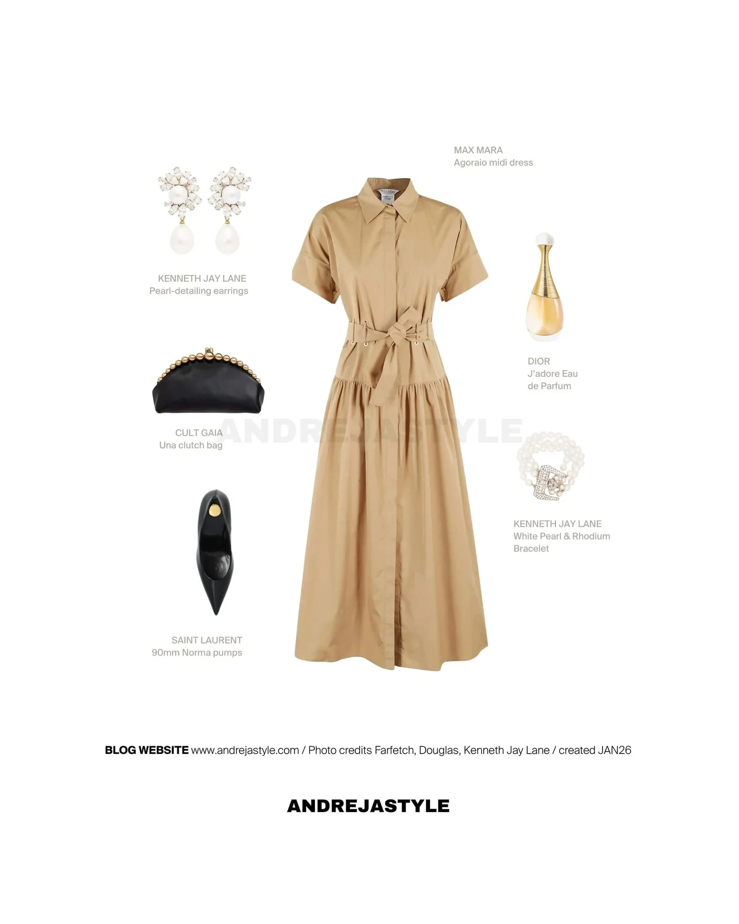 Stilski kolaž z izdelki: MAX MARA Agoraio midi dress, CULT GAIA Una clutch bag, SAINT LAURENT 90mm Norma pumps, KENNETH JAY LANE Pearl-detailing earrings, KENNETH JAY LANE White Pearl & Rhodium Bracelet, DIOR J adore Eau de Parfum