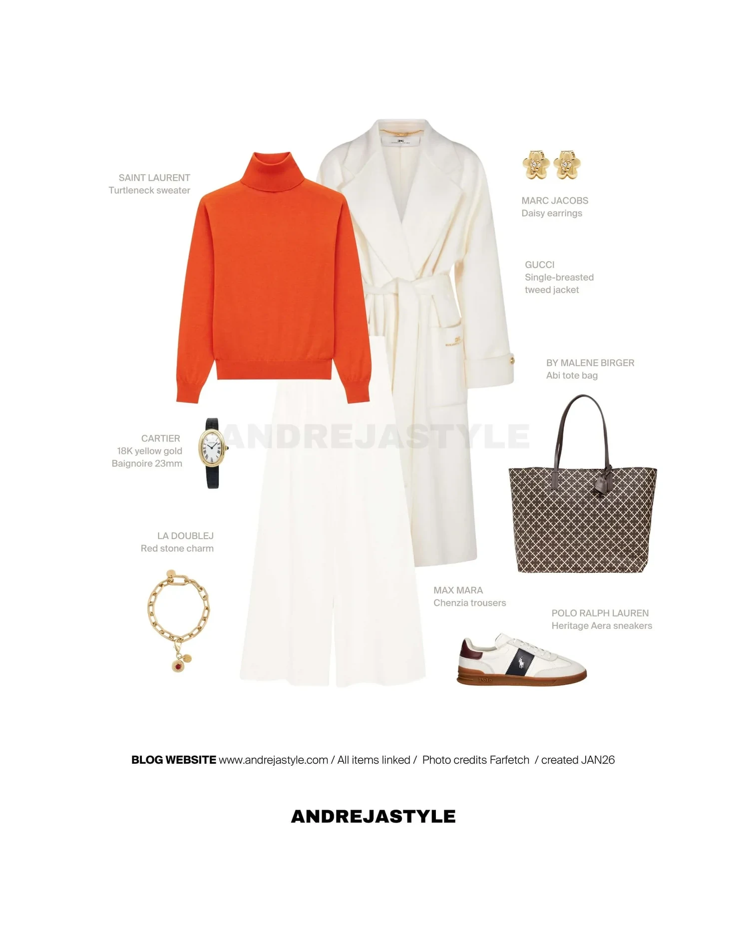 Stilski kolaž z izdelki: SAINT LAURENT Turtleneck sweater, Elisabetta Franchi belted pocket coat, MAX MARA Chenzia trousers, BY MALENE BIRGER Abi tote bag, La DoubleJ Red stone charm, MARC JACOBS Daisy earrings, POLO RALPH LAUREN Heritage Aera sneakers, CARTIER 18K yellow gold Baignoire 23mm
