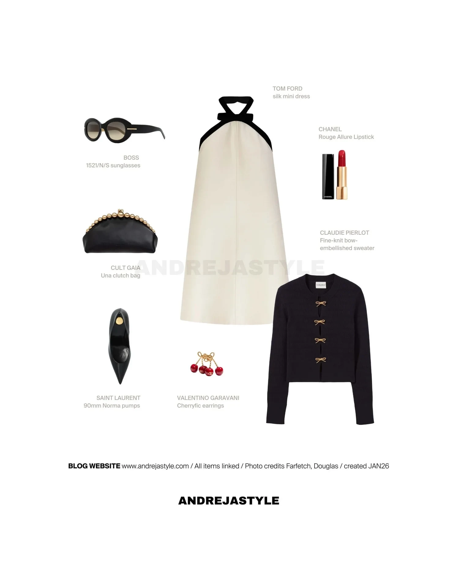Stilski kolaž z izdelki: TOM FORD Silk mini dress, CLAUDIE PIERLOT Fine-knit bow-embellished sweater, CULT GAIA Una clutch bag, SAINT LAURENT 90mm Norma pumps, VALENTINO GARAVANI Cherryfic earrings, BOSS 1521:N:S sunglasses, CHANEL Rouge Allure Lipstik