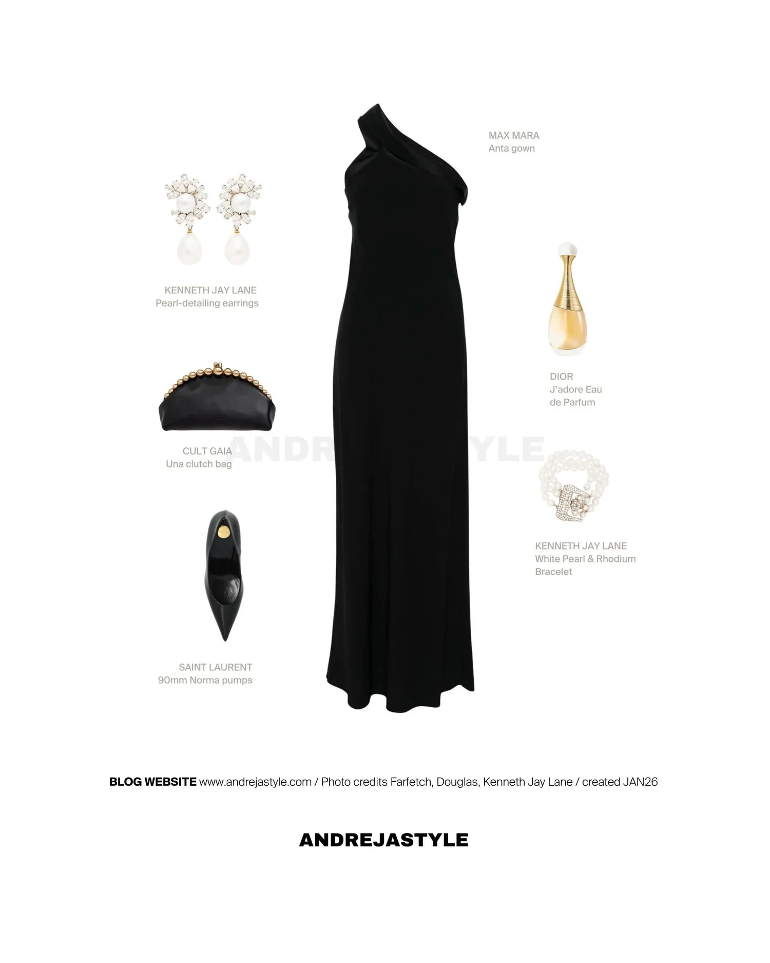 Stilski kolaž z izdelki: MAX MARA Anta gown, CULT GAIA Una clutch bag, SAINT LAURENT 90mm Norma pumps, KENNETH JAY LANE Pearl-detailing earrings, KENNETH JAY LANE White Pearl & Rhodium Bracelet, DIOR J adore Eau de Parfum