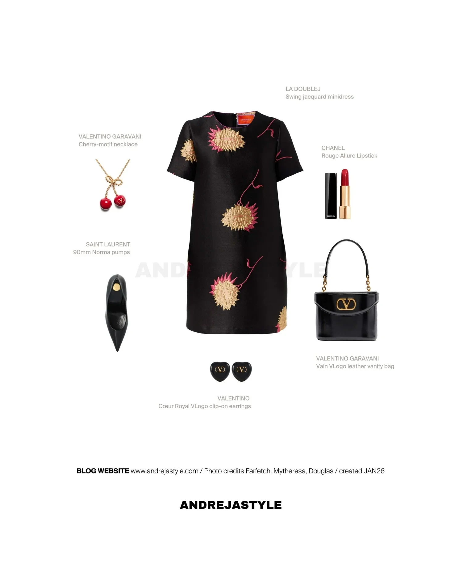 Stilski kolaž z izdelki: LA DOUBLEJ Swing jacquard minidress, VALENTINO GARAVANI Cherry-motif necklace, SAINT LAURENT 90mm Norma pumps, VALENTINO Cœur Royal VLogo clip-on earrings, VALENTINO GARAVANI Vain VLogo leather vanity bag, CHANEL Rouge Allure Lipstick
