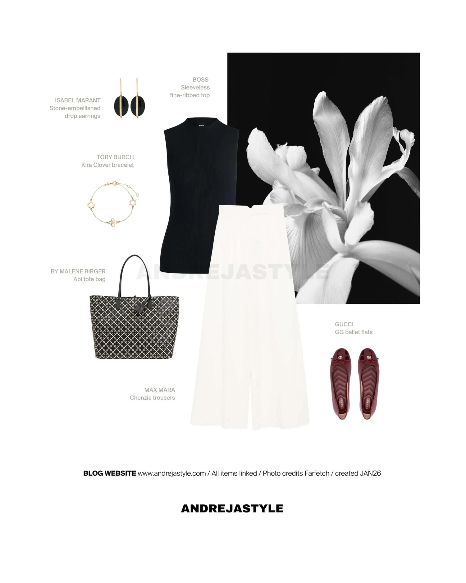 Stilski kolaž z izdelki: BOSS Ribbed tank top, MAX MARA Chenzia trousers, GUCCI GG ballet flats, BY MALENE BIRGER Abi tote bag, TORY BURCH Kira Clover bracelet
