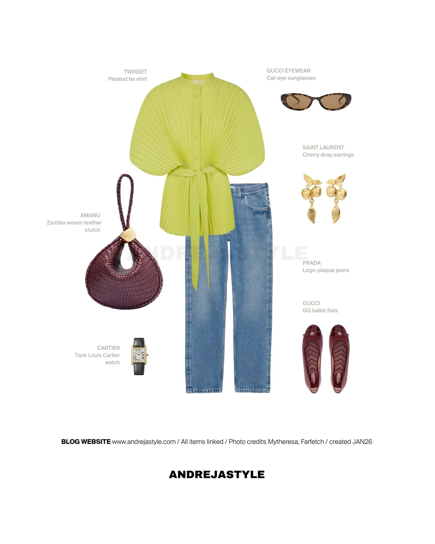 Stilski kolaž z izdelki: TWINSET Pleated tie shirt, AMANU Zambia woven leather clutch, PRADA Logo-plaque jeans, CARTIER Tank Louis Cartier watch, GUCCI EYEWEAR Cat-eye sunglasses, SAINT LAURENT Cherry drop earrings, GUCCI GG ballet flats