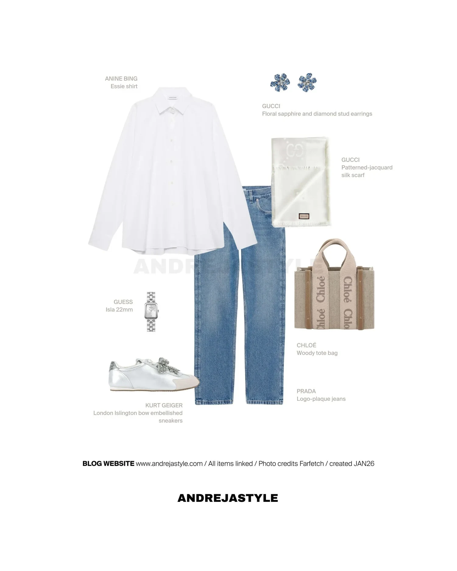 Stilski kolaž z izdelki: ANINE BING Essie shirt, PRADA Logo-plaque jeans, CHLOÉ Woody tote bag, GUCCI Patterned-jacquard silk scarf, KURT GEIGER London Islington sneakers, GUESS Isla 22mm
