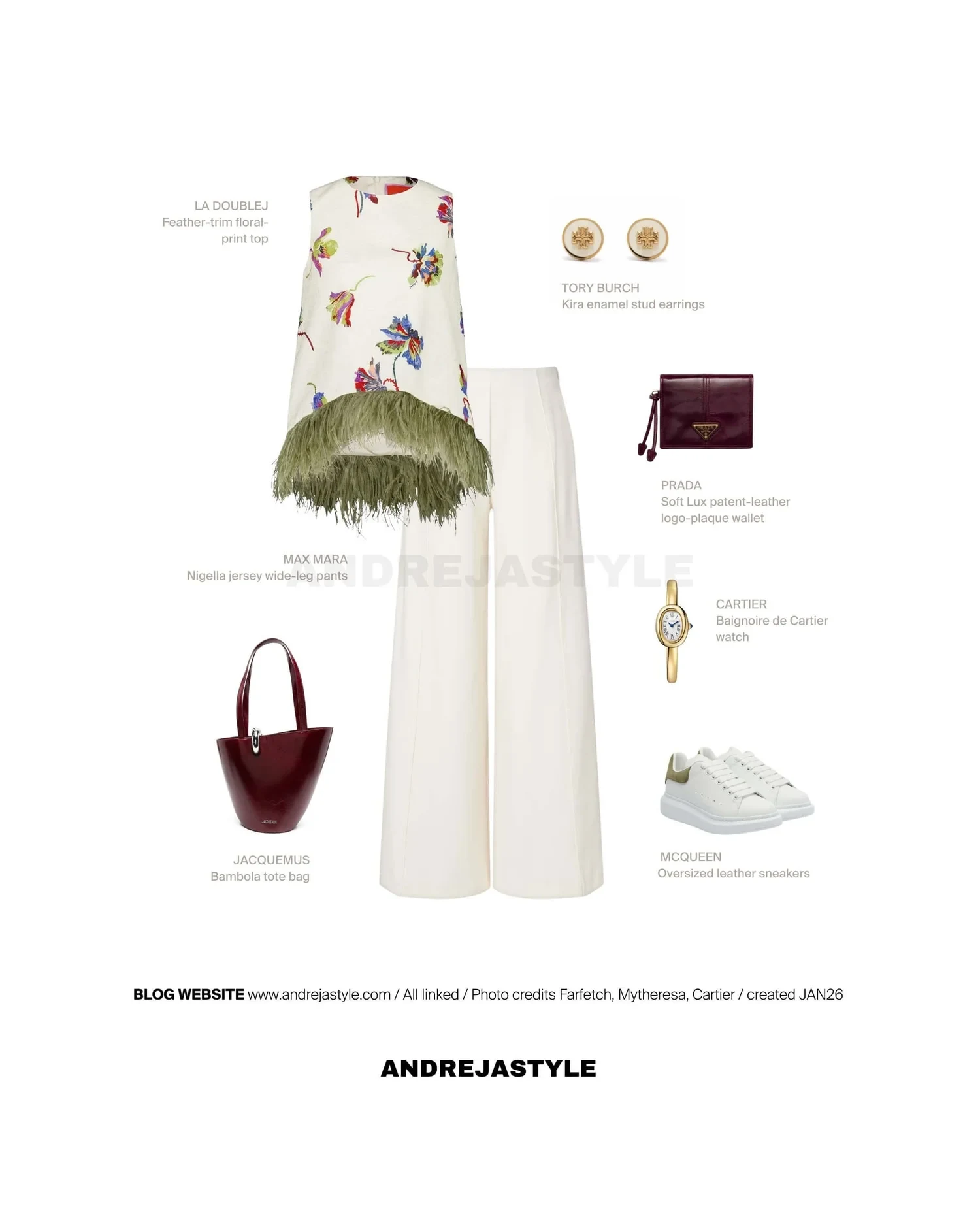 Stilski kolaž z izdelki: LA DOUBLEJ Feather-trim floral-print top, MAX MARA Nigella jersey wide-leg pants, JACQUEMUS Bambola tote bag, TORY BURCH Kira enamel stud earrings, PRADA Soft Lux patent-leather logo-plaque wallet, CARTIER Baignoire de Cartier watch, MCQUEEN Oversized leather sneakers