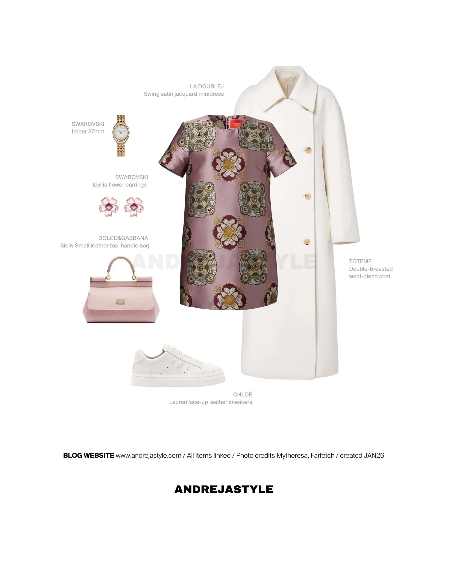Stilski kolaž z izdelki: LA DOUBLEJ Swing satin jacquard minidress, TOTEME Double-breasted wool-blend coat, CHLOÉ Lauren lace-up leather sneakers, DOLCE&GABBANA Sicily Small leather top-handle bag, SWAROVSKI Idyllia flower earrings, SWAROVSKI Imber 37mm