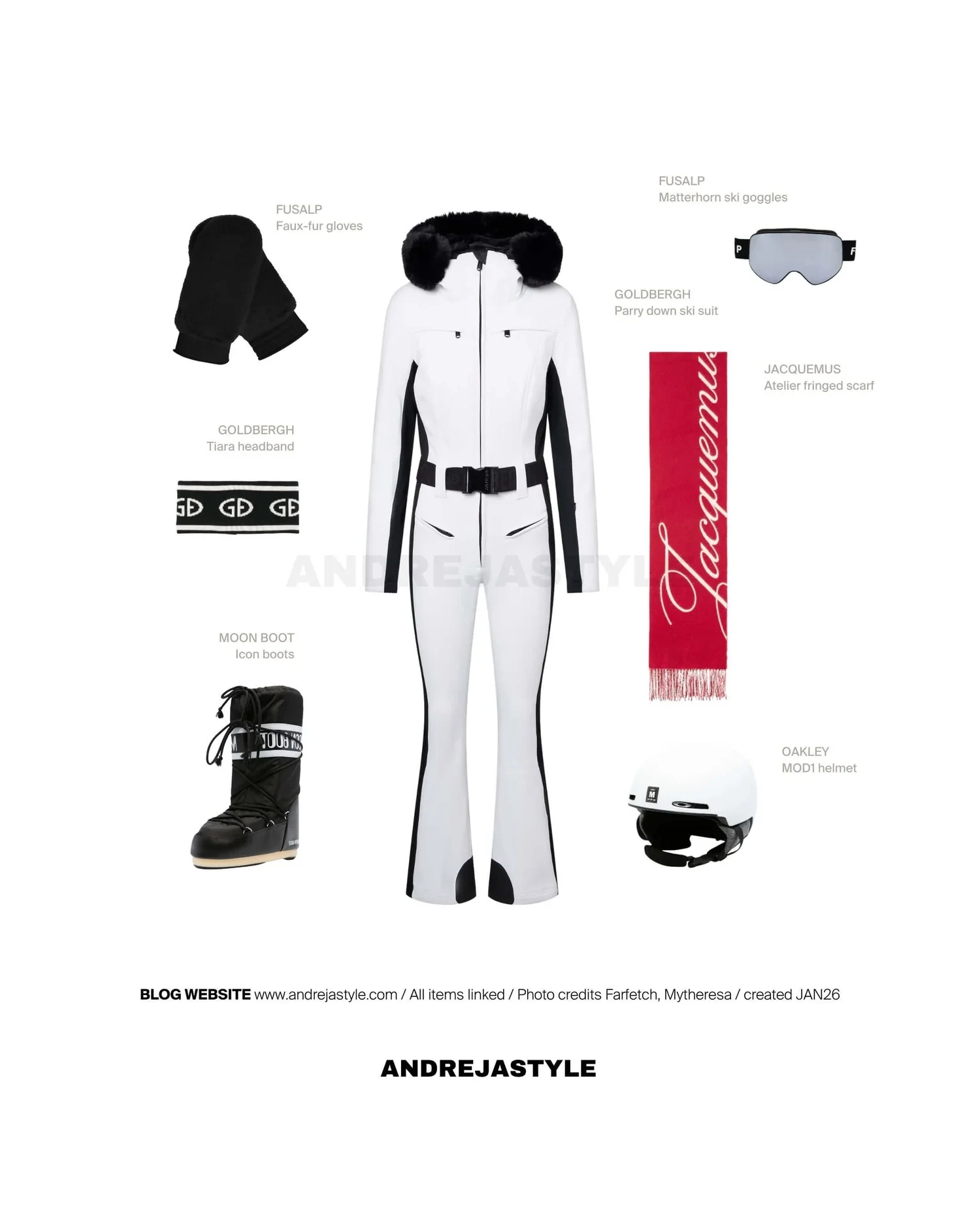 Stilski kolaž z izdelki: GOLDBERGH Parry down ski suit, FUSALP Faux-fur gloves, GOLDBERGH Tiara headband, MOON BOOT Icon boots, FUSALP Matterhorn ski goggles, JACQUEMUS Atelier fringed scarf, OAKLEY MOD1 helmet