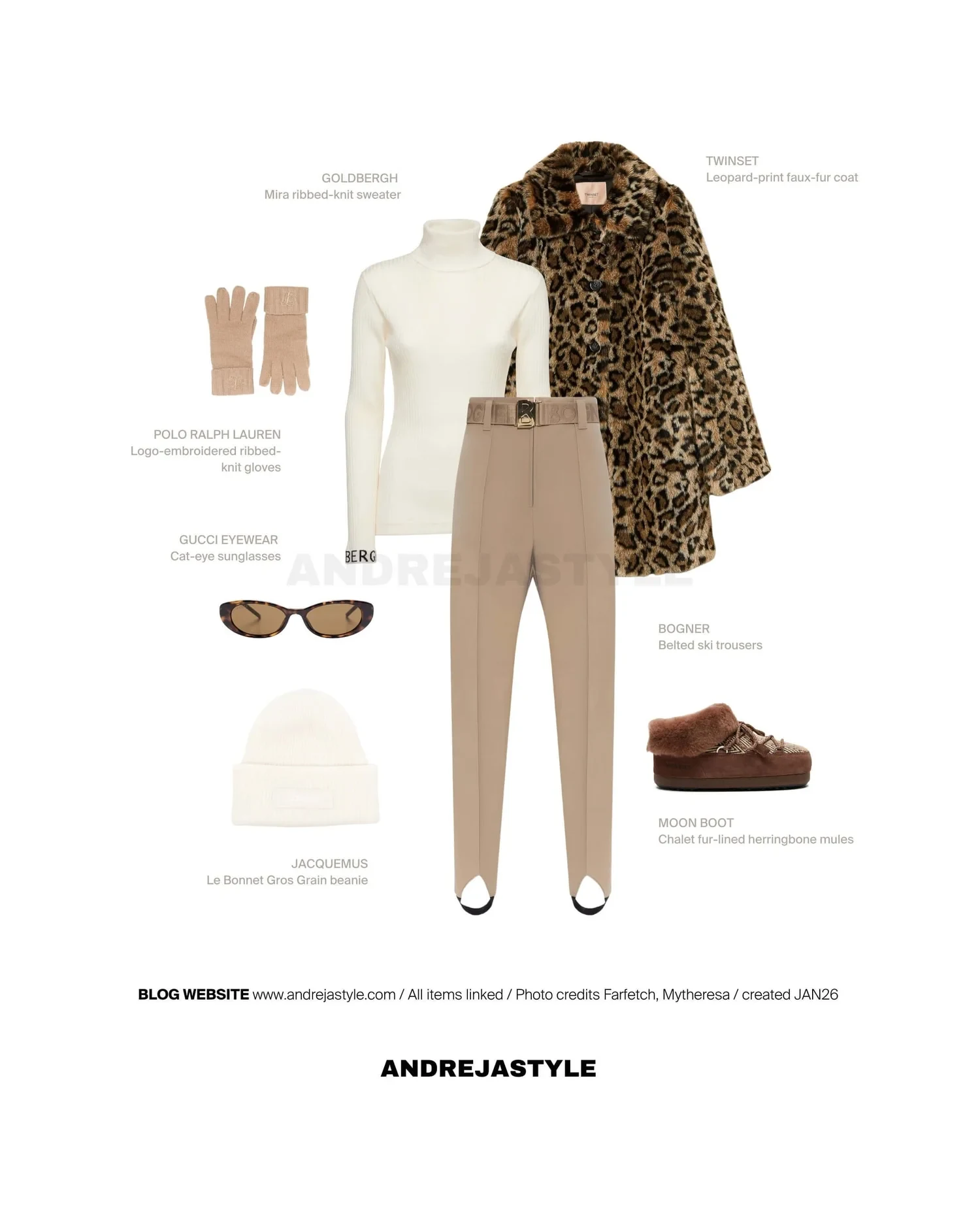 Stilski kolaž z izdelki: TWINSET Leopard-print faux-fur coat, GOLDBERGH Mira ribbed-knit sweater, BOGNER Belted ski trousers, POLO RALPH LAUREN Logo-embroidered gloves, GUCCI EYEWEAR Cat-eye sunglasses, JACQUEMUS Le Bonnet Gros Grain beanie, MOON BOOT Chalet fur-lined herringbone mules