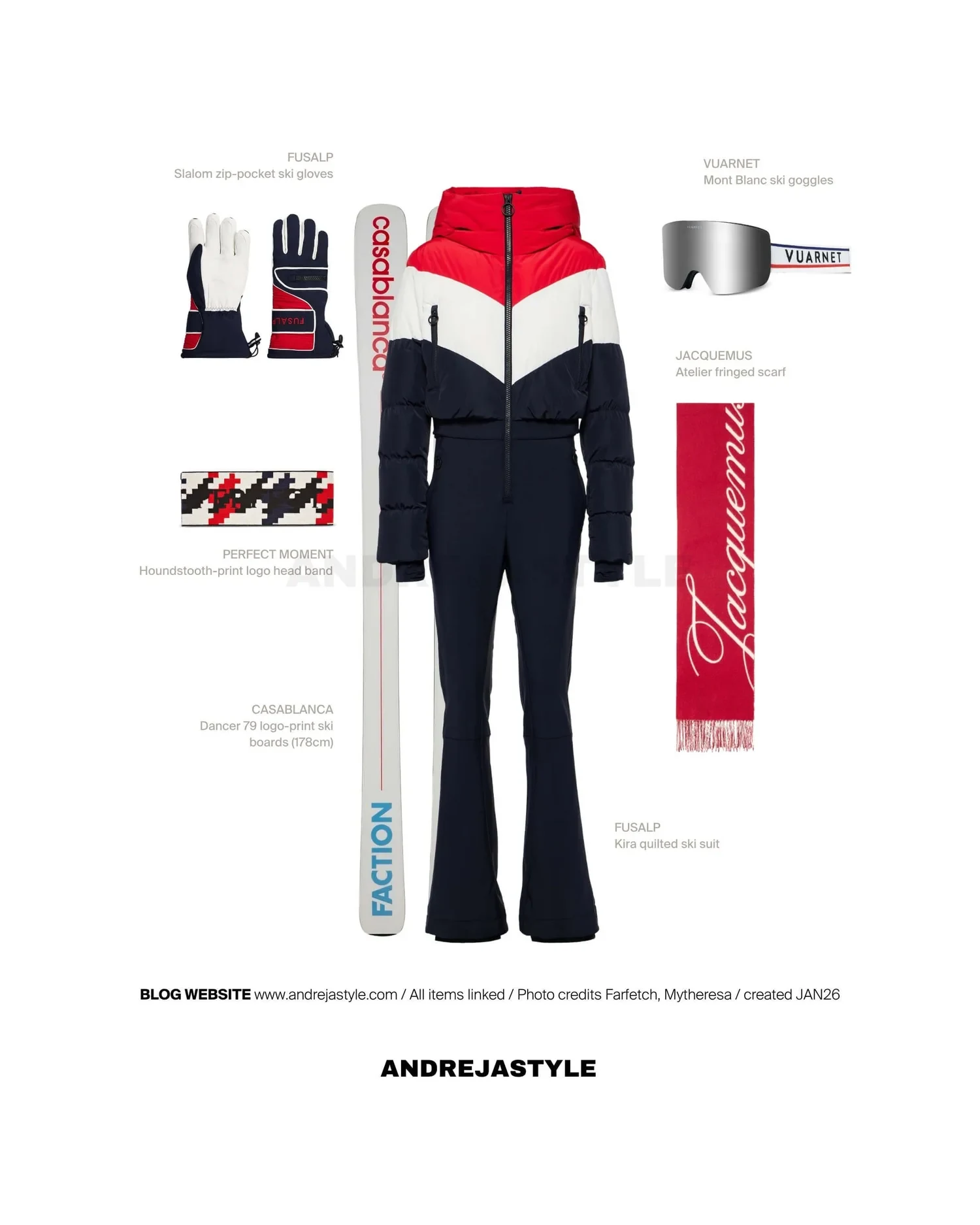 Stilski kolaž z izdelki: FUSALP Kira quilted ski suit, FUSALP Slalom zip-pocket ski gloves, PERFECT MOMENT Houndstooth-print head band, CASABLANCA Dancer 79 logo-print ski boards, VUARNET Mont Blanc ski goggles, JACQUEMUS Atelier fringed scarf