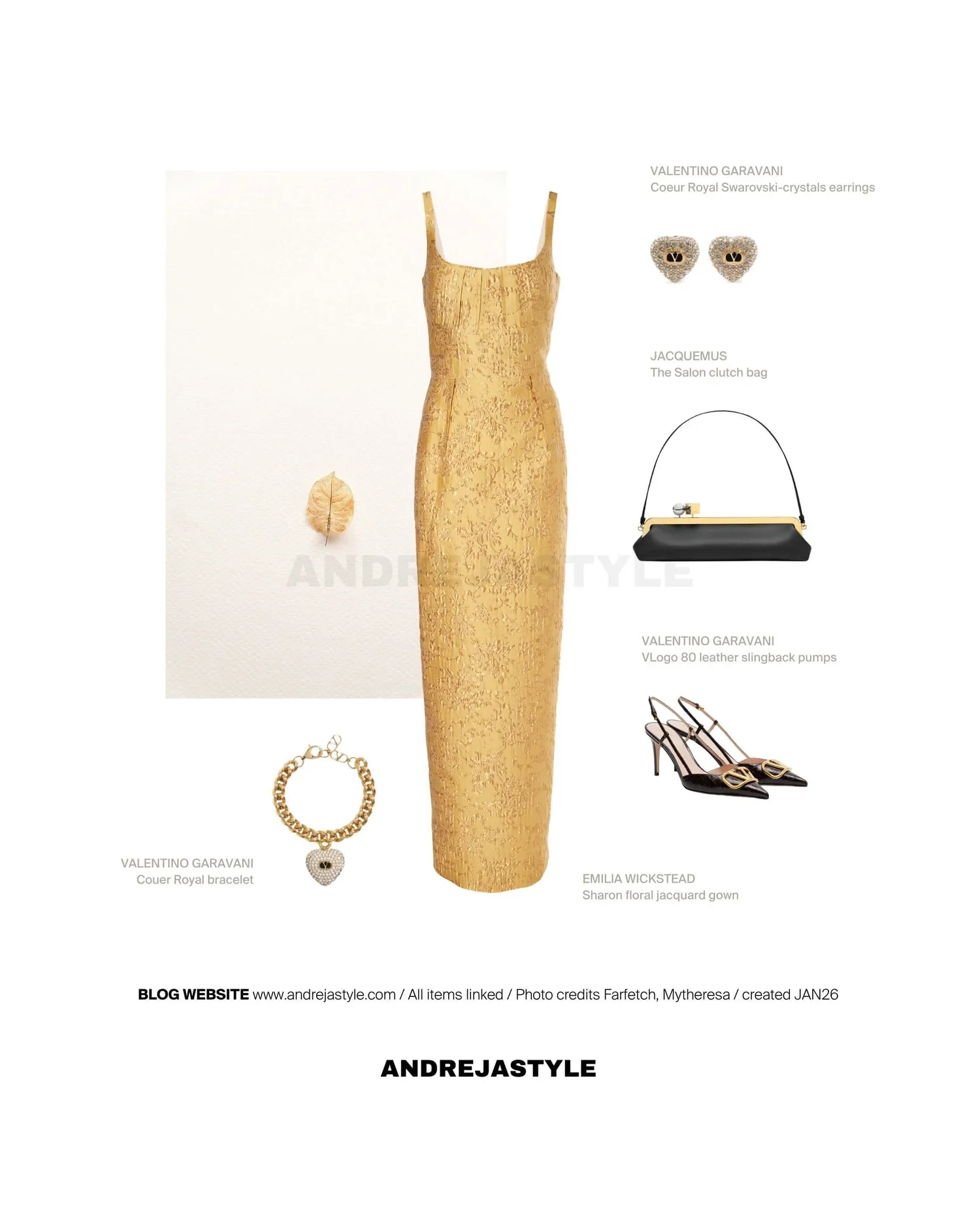 Stilski kolaž z izdelki: EMILIA WICKSTEAD Sharon floral jacquard gown, VALENTINO GARAVANI Coeur Royal earrings, JACQUEMUS The Salon clutch bag, VALENTINO GARAVANI VLogo 80 leather pumps, VALENTINO GARAVANI Couer Royal bracelet
