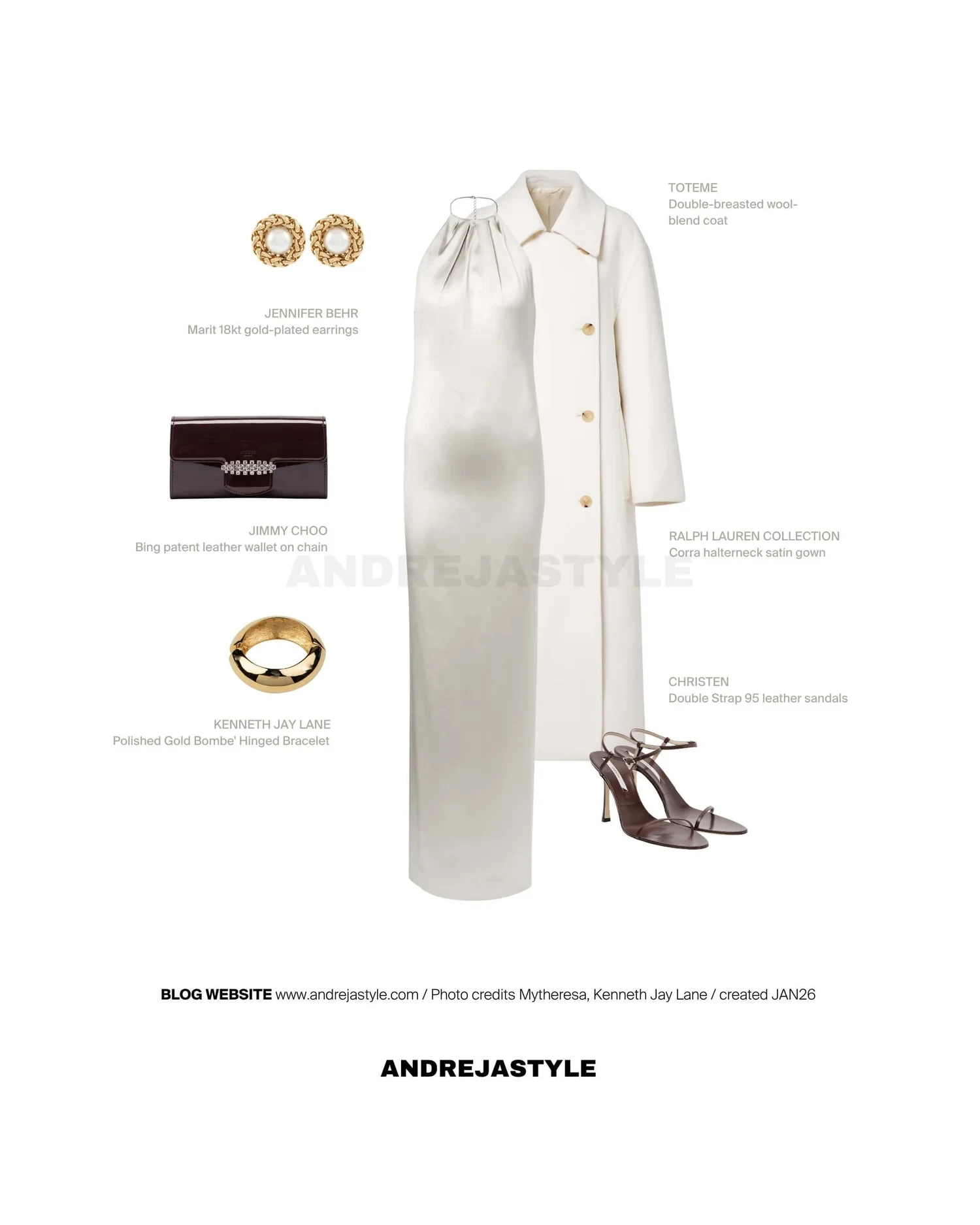Stilski kolaž z izdelki: RALPH LAUREN COLLECTION Corra halterneck gown, TOTEME Double-breasted wool-blend coat, CHRISTEN Double Strap 95 leather sandals, JENNIFER BEHR Marit 18kt gold-plated earrings, JIMMY CHOO Bing patent leather wallet on chain, KENNETH JAY LANE Polished Gold Bombe' Hinged Bracelet