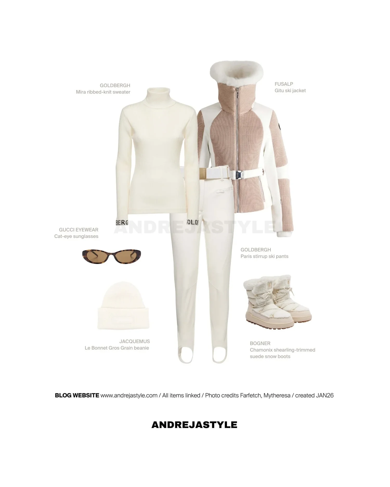 Stilski kolaž z izdelki: FUSALP Gitu ski jacket, GOLDBERGH Paris stirrup ski pants, GOLDBERGH Mira ribbed-knit sweater, BOGNER Chamonix suede snow boots, JACQUEMUS Le Bonnet Gros Grain beanie, GUCCI EYEWEAR Cat-eye sunglasses