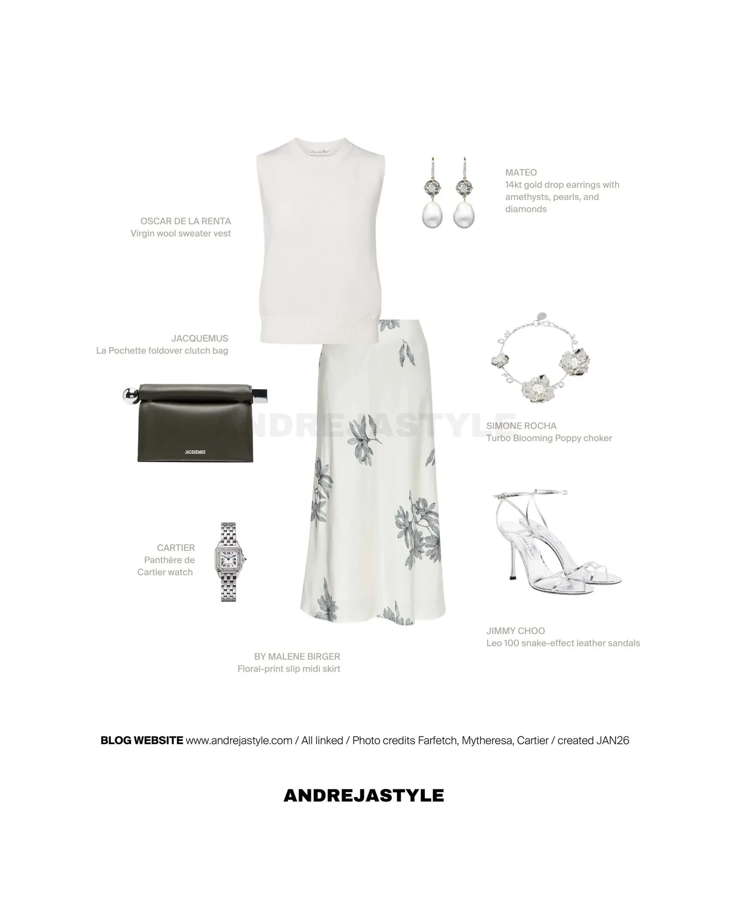 Stilski kolaž z izdelki: OSCAR DE LA RENTA Virgin wool sweater vest, BY MALENE BIRGER Floral-print slip midi skirt, JACQUEMUS La Pochette foldover clutch bag, MATEO 14kt gold drop earrings, SIMONE ROCHA Turbo Blooming Poppy choker, JIMMY CHOO Leo 100 snake-effect leather sandals, CARTIER Panthère de Cartier watch