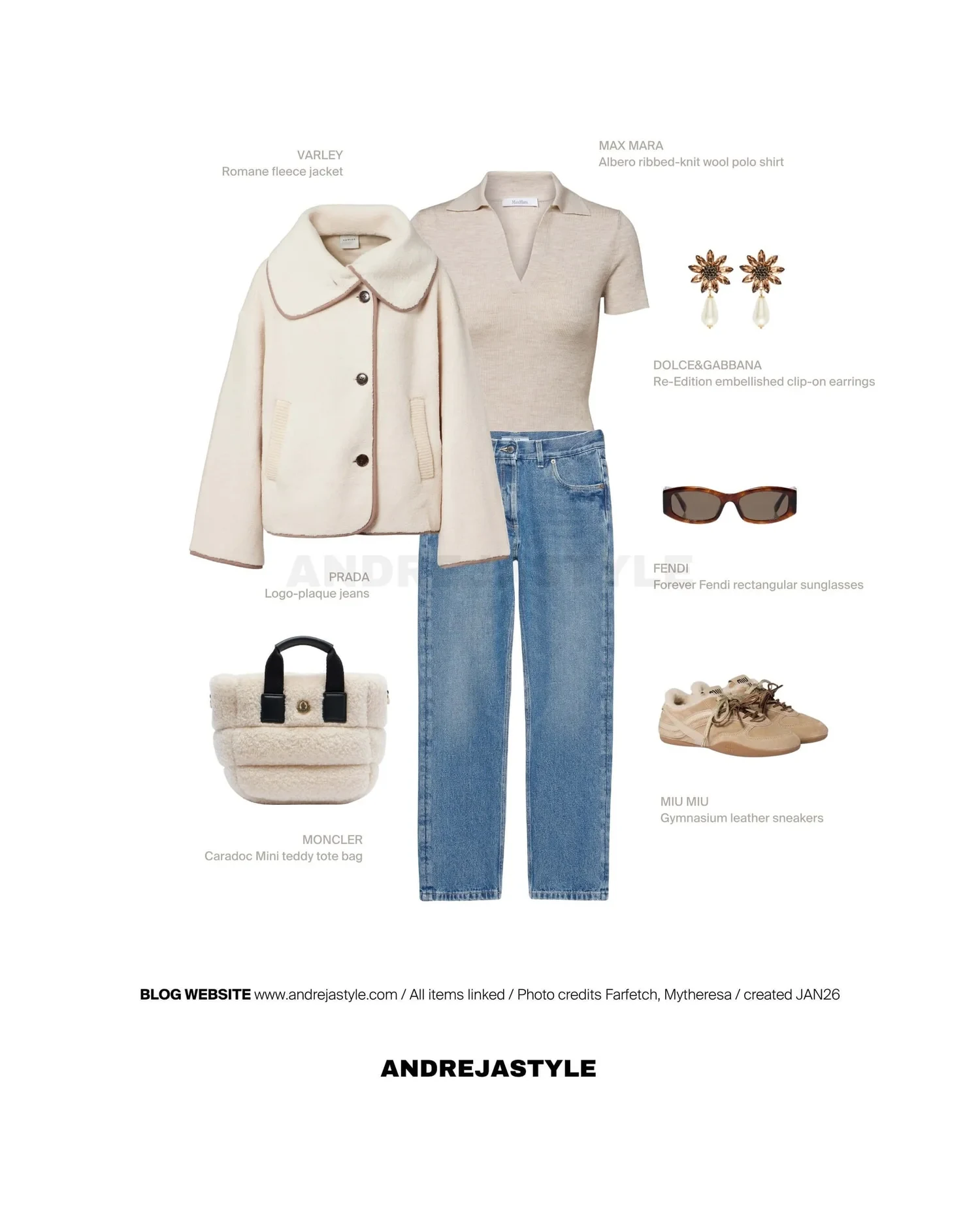 Stilski kolaž z izdelki: VARLEY Romane fleece jacket, MAX MARA Albero ribbed-knit wool polo shirt, PRADA Logo-plaque jeans, MONCLER Caradoc Mini teddy tote bag, DOLCE&GABBANA Re-Edition embellished earrings, FENDI Forever Fendi rectangular sunglasses, MIU MIU Gymnasium leather sneakers